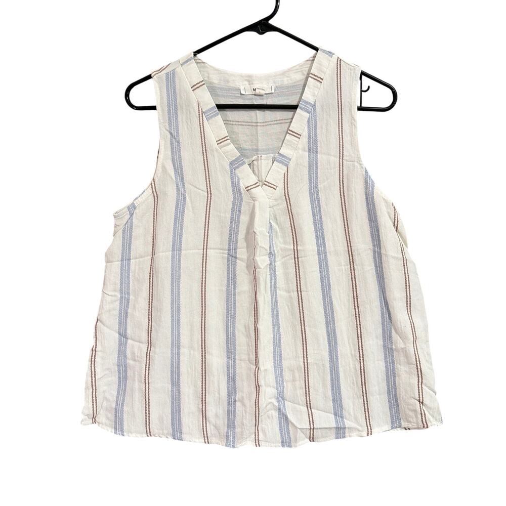 Mine Womens Blouse White Striped Sleeveless V Neck Tank Button Back Large
